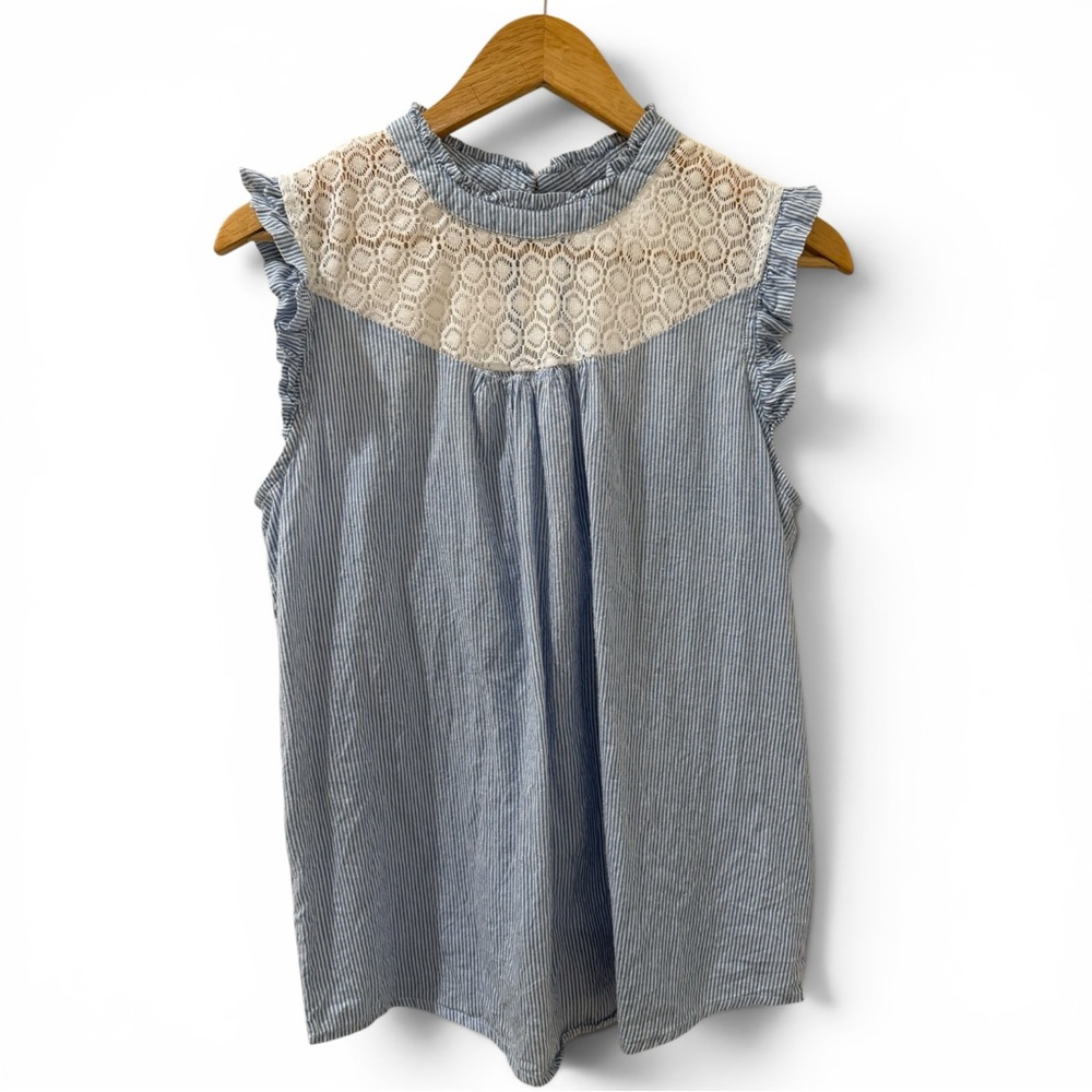 Midnight Sky Blue Stripe Lace Yoke Cotton Boho Cottagecore Sleeveless Top XL